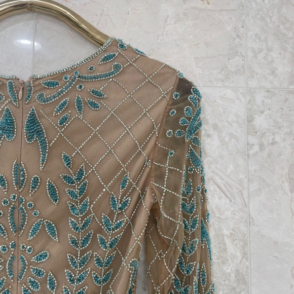 LARA {6} Dress Nude Teal Beaded Cocktail Dress Long-Sleeved - Picture 12 of 16